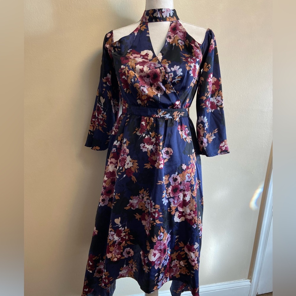 Lucky Brand Navy Floral Midi Dress with Pink and Cream Blooms